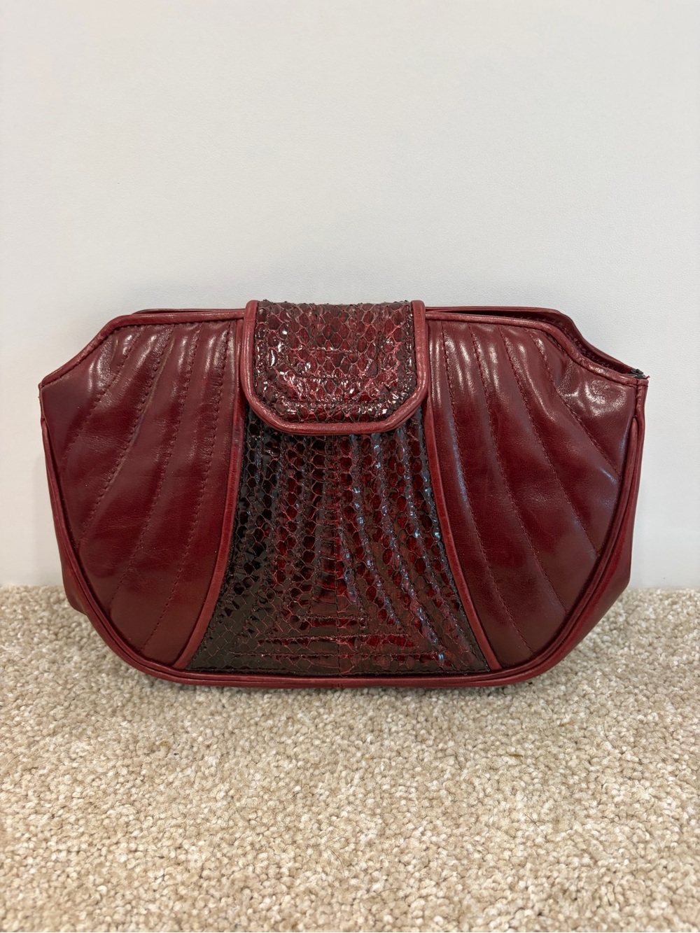 Vintage Barbara Bolan Deep Red Textured Leather Clutch with Snakeskin Accent